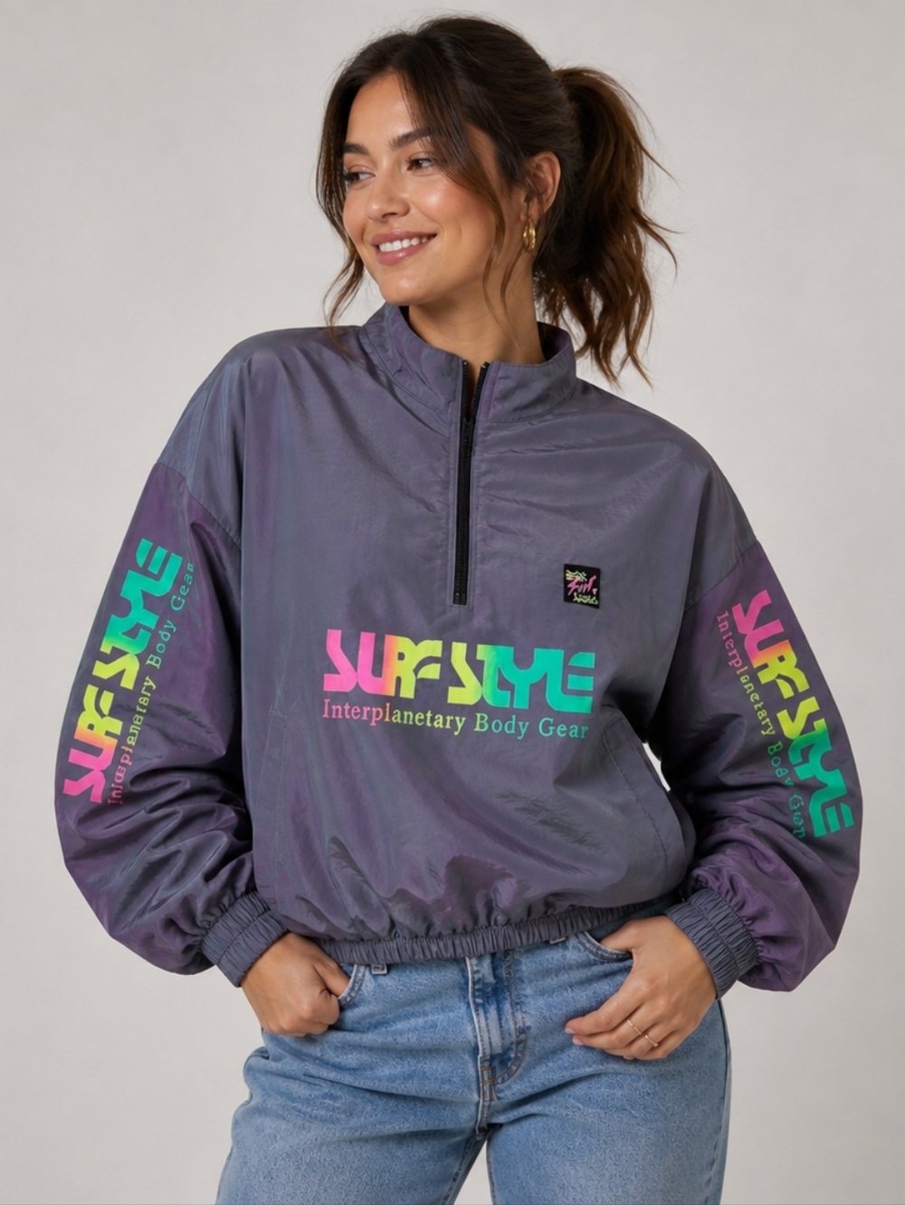 Vtg Surf Style 90s Iridescent Windbreaker Jacket Interplanetary Body Gear Retro